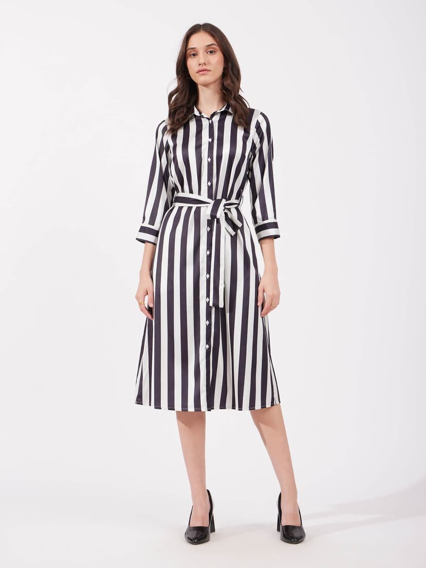 Satin A-line Striped Dress - Black - Image 2