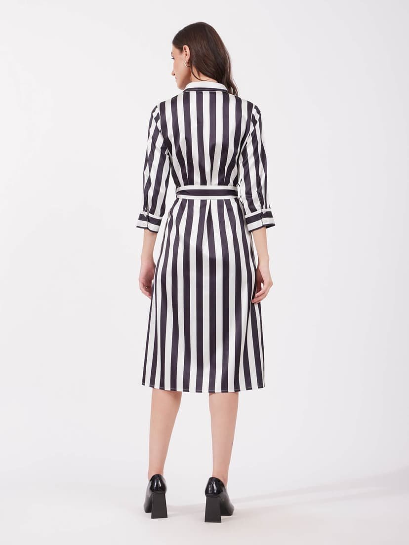 Satin A-line Striped Dress - Black - Image 4