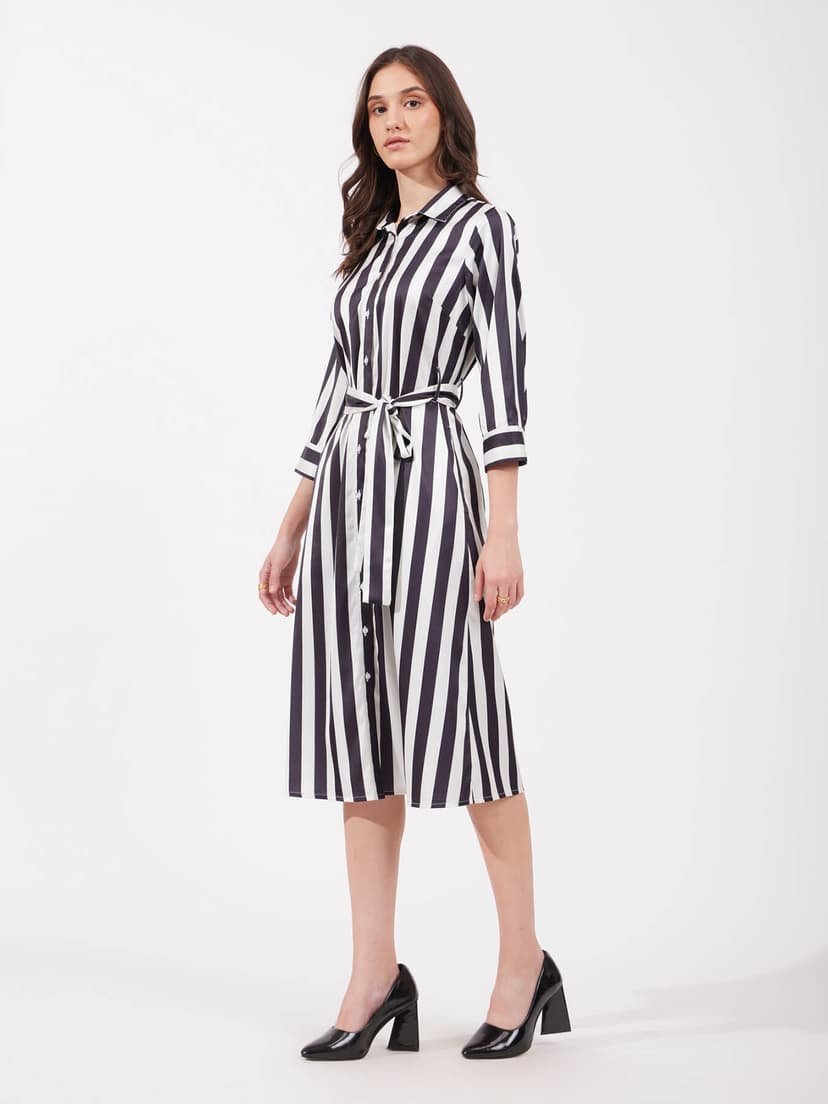 Satin A-line Striped Dress - Black - Image 5