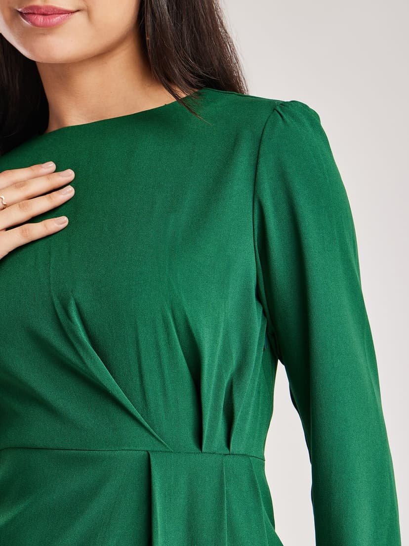 Solid Pleated Dress - Green - Image 3