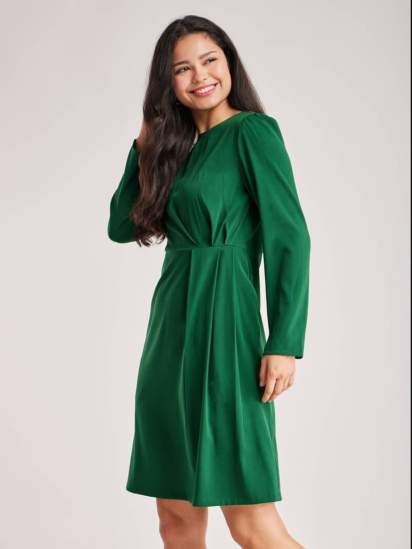 Solid Pleated Dress - Green - Image 4