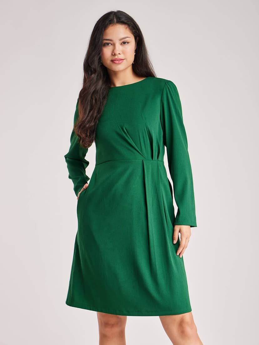 Solid Pleated Dress - Green - Image 5