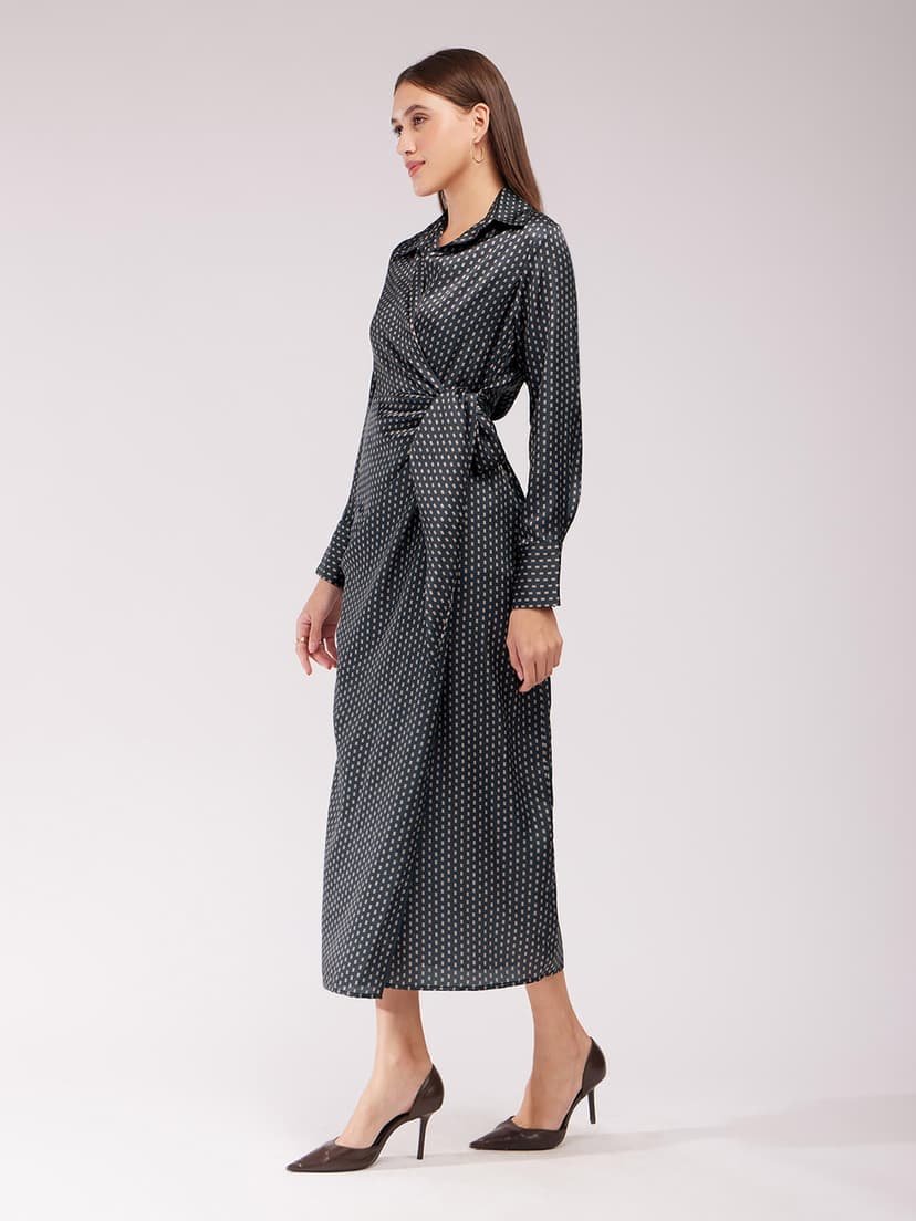 Satin Wrap Dress - Black - Image 4