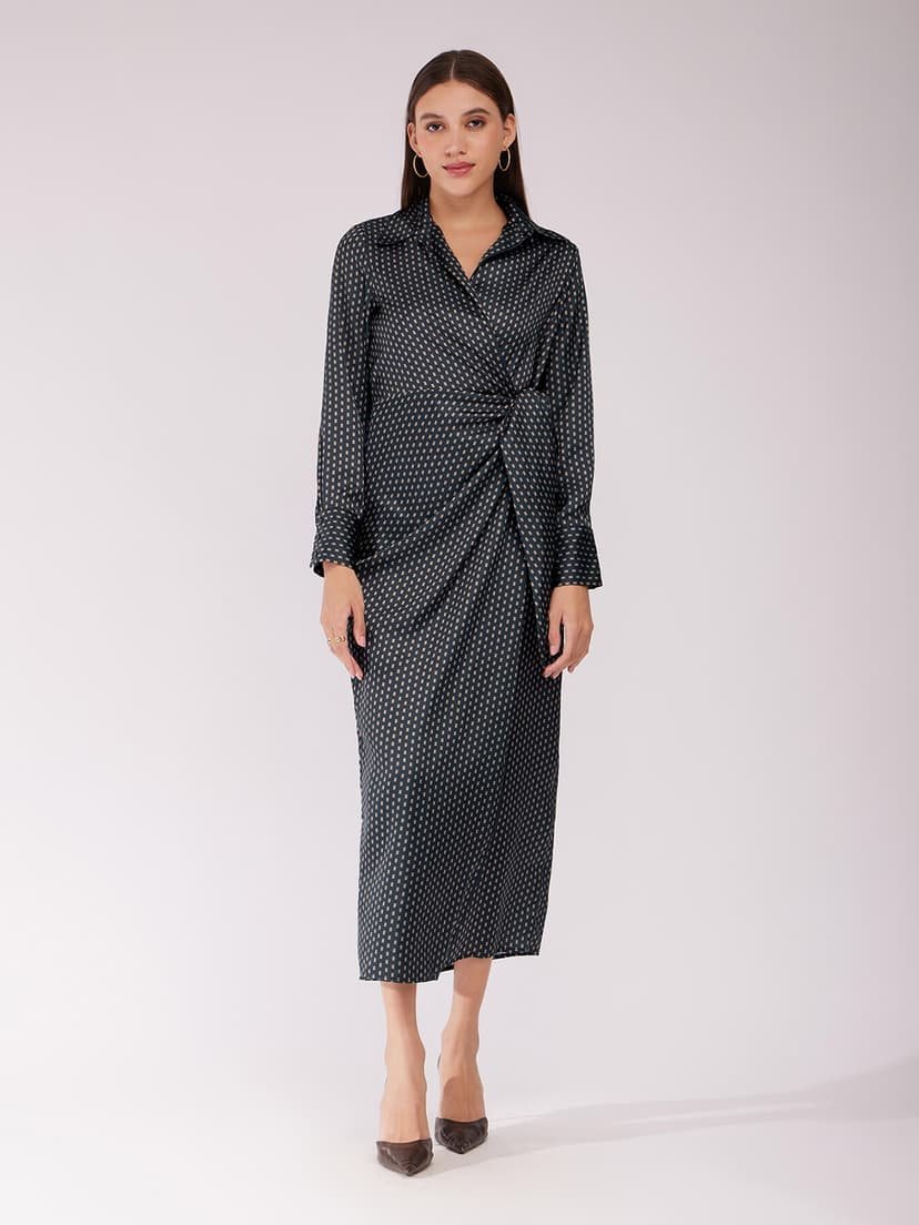 Satin Wrap Dress - Black - Image 5