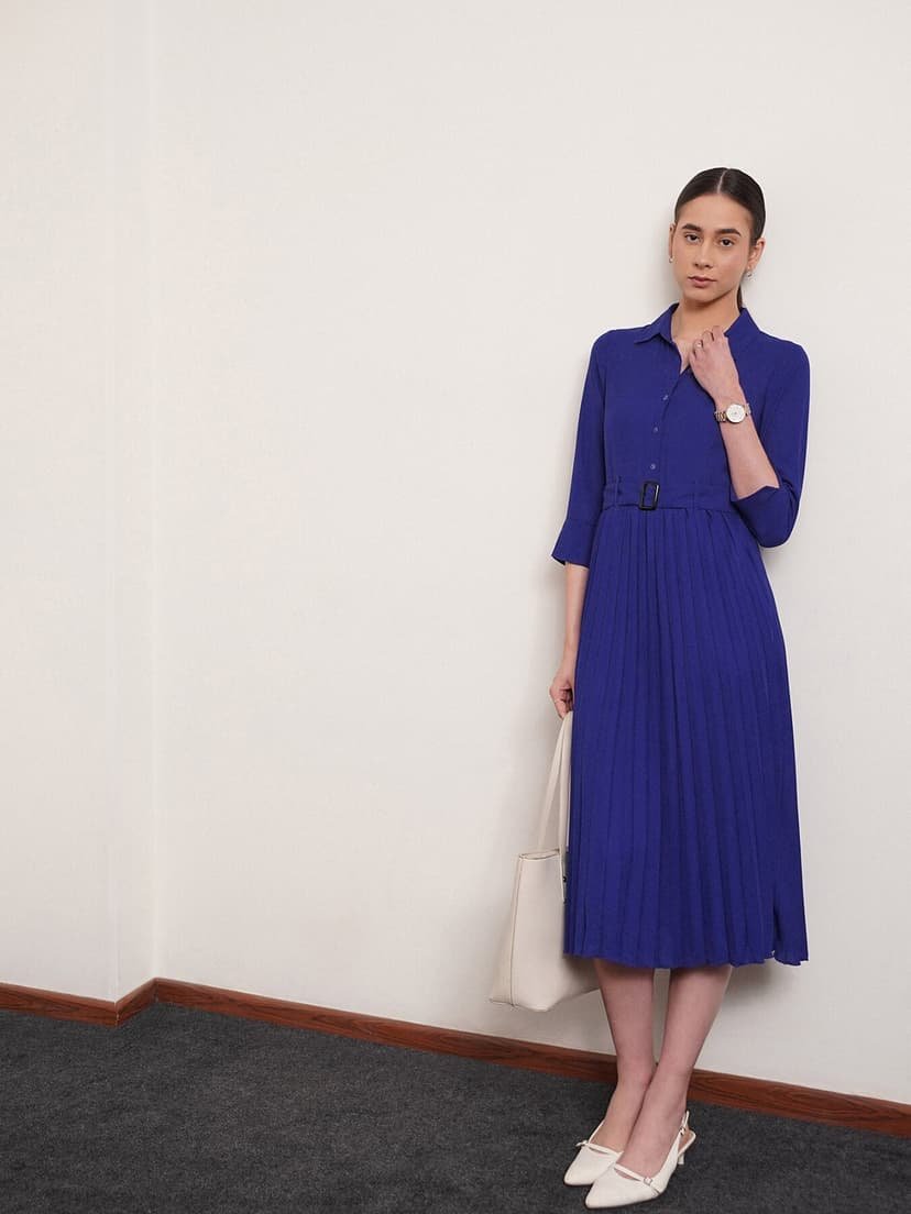 Collared Pleated Fit and Flare Dress - Royal Blue