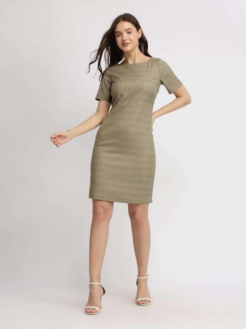 Boat Neck Shift Dress - Brown - Image 2