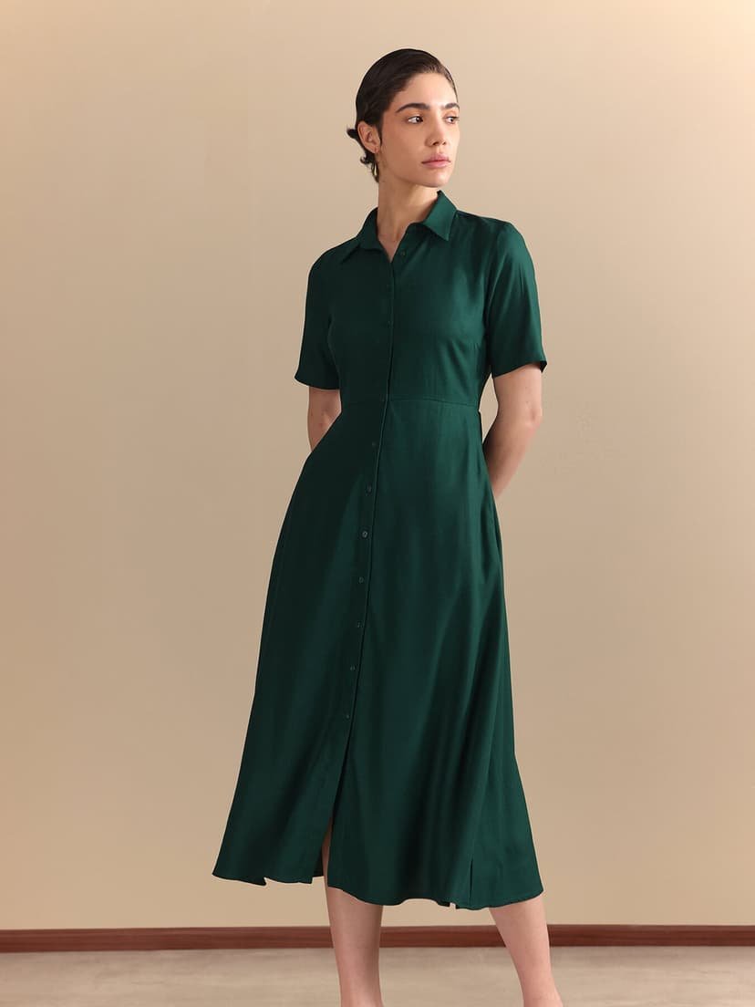 Fit & Flare Midi Dress - Green - Image 4