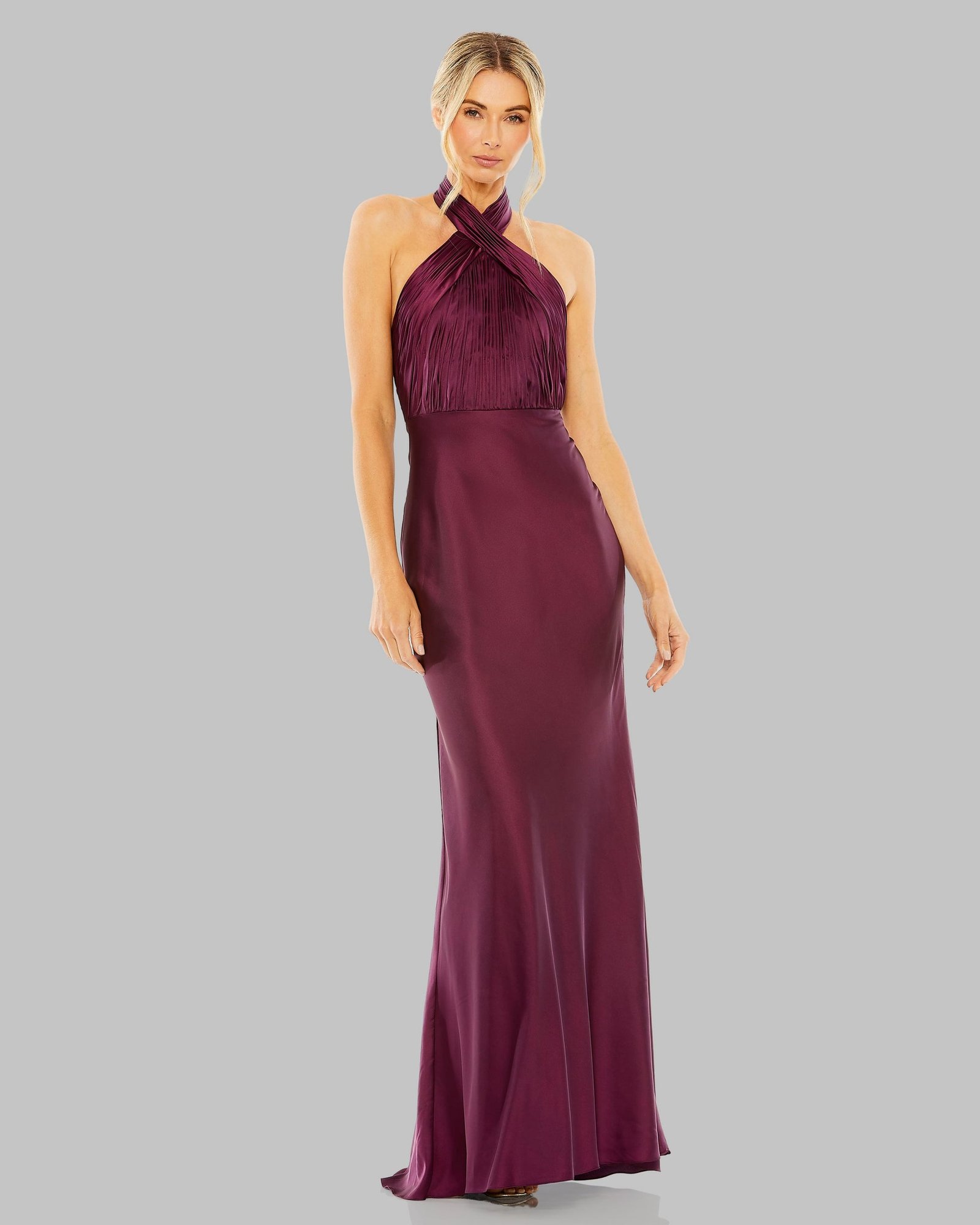 Purple Pleated Halter Neck Satin Gown