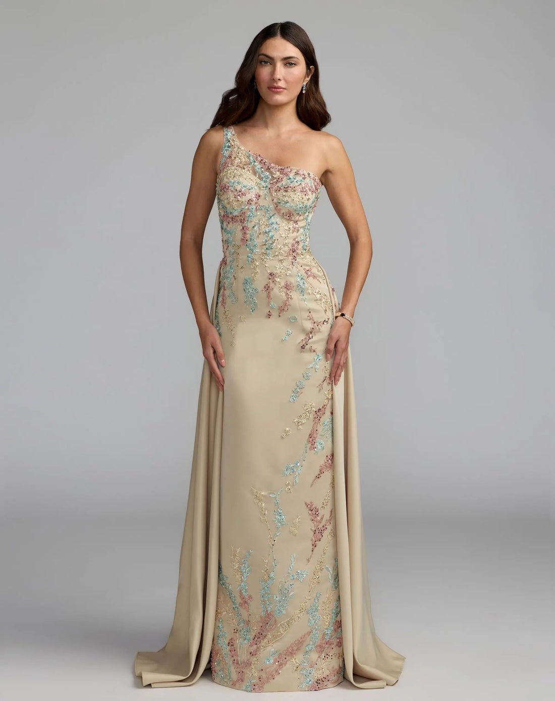 Beige One Shoulder Embellished Gown With Train