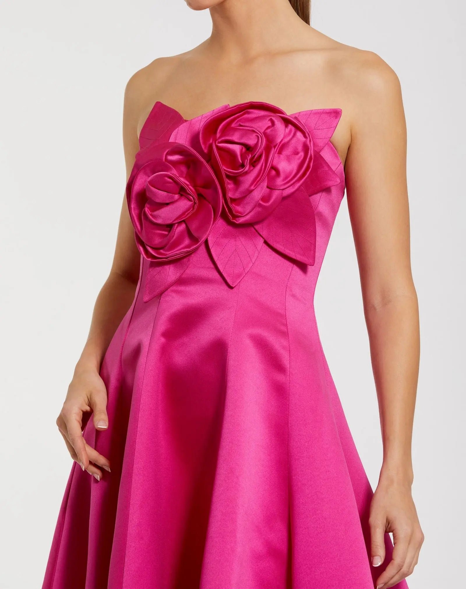 Pink Strapless Satin High Low Gown With 3D Flowers - Image 2