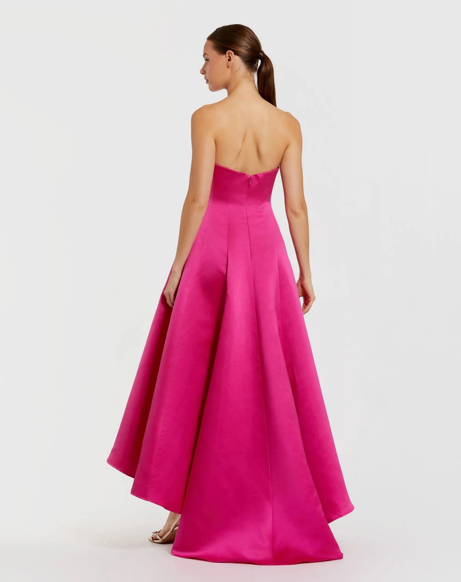 Pink Strapless Satin High Low Gown With 3D Flowers - Image 3