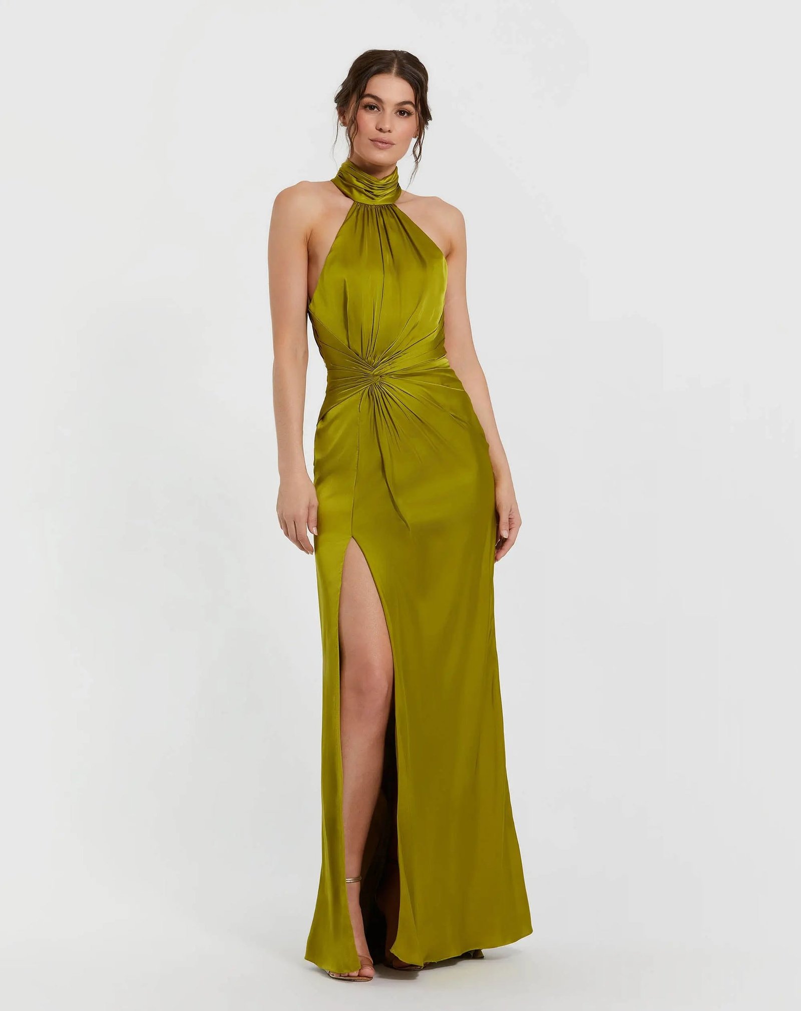 Petite Green Open Back High Neck Side Ruched Gown