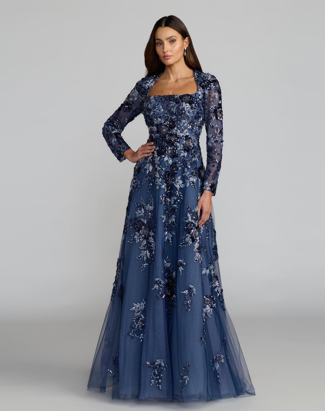 Blue Embellished Floral A Line Gown