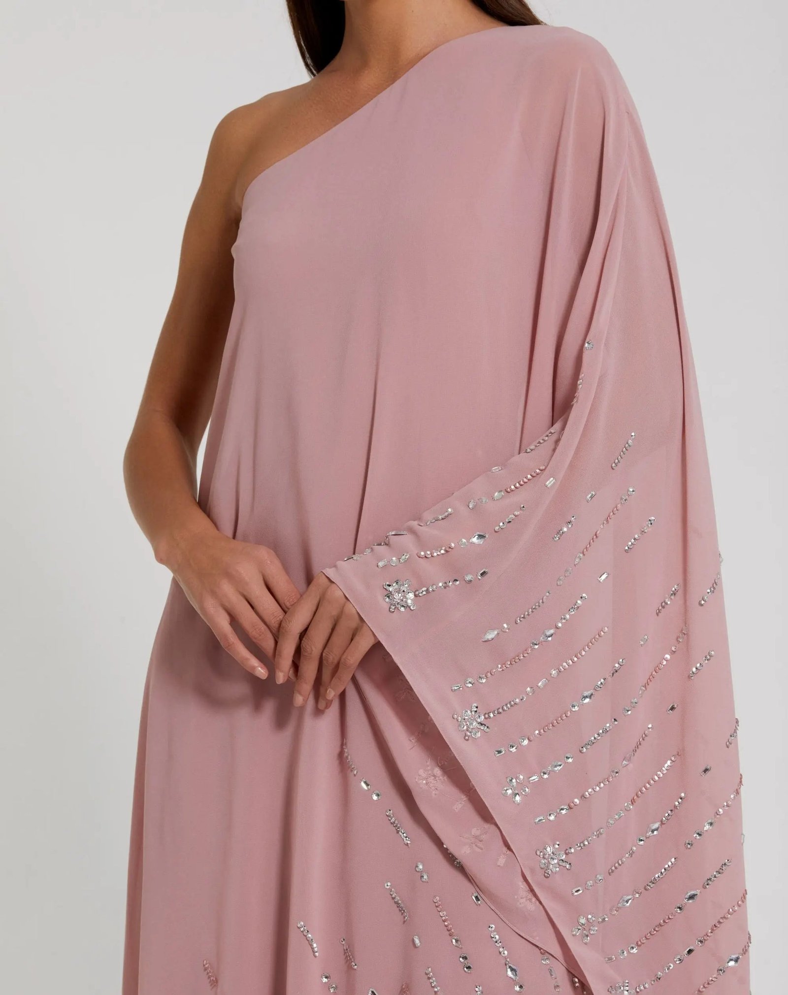 Pink One Shoulder Embellished Trim Kaftan Gown - Image 3
