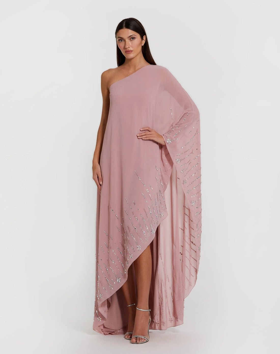 Pink One Shoulder Embellished Trim Kaftan Gown - Image 4