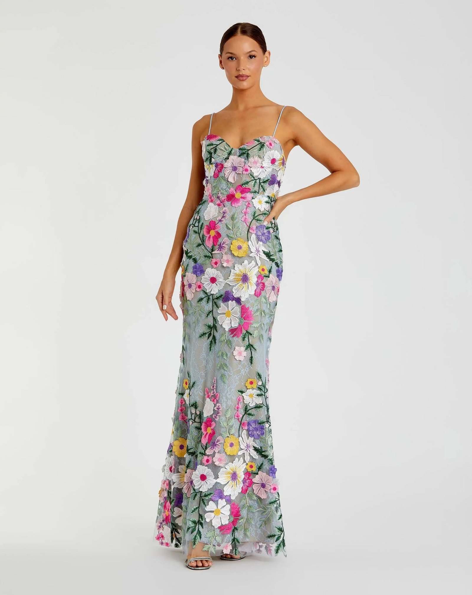 Petite Green Floral Embroidered Sleeveless Bustier Gown