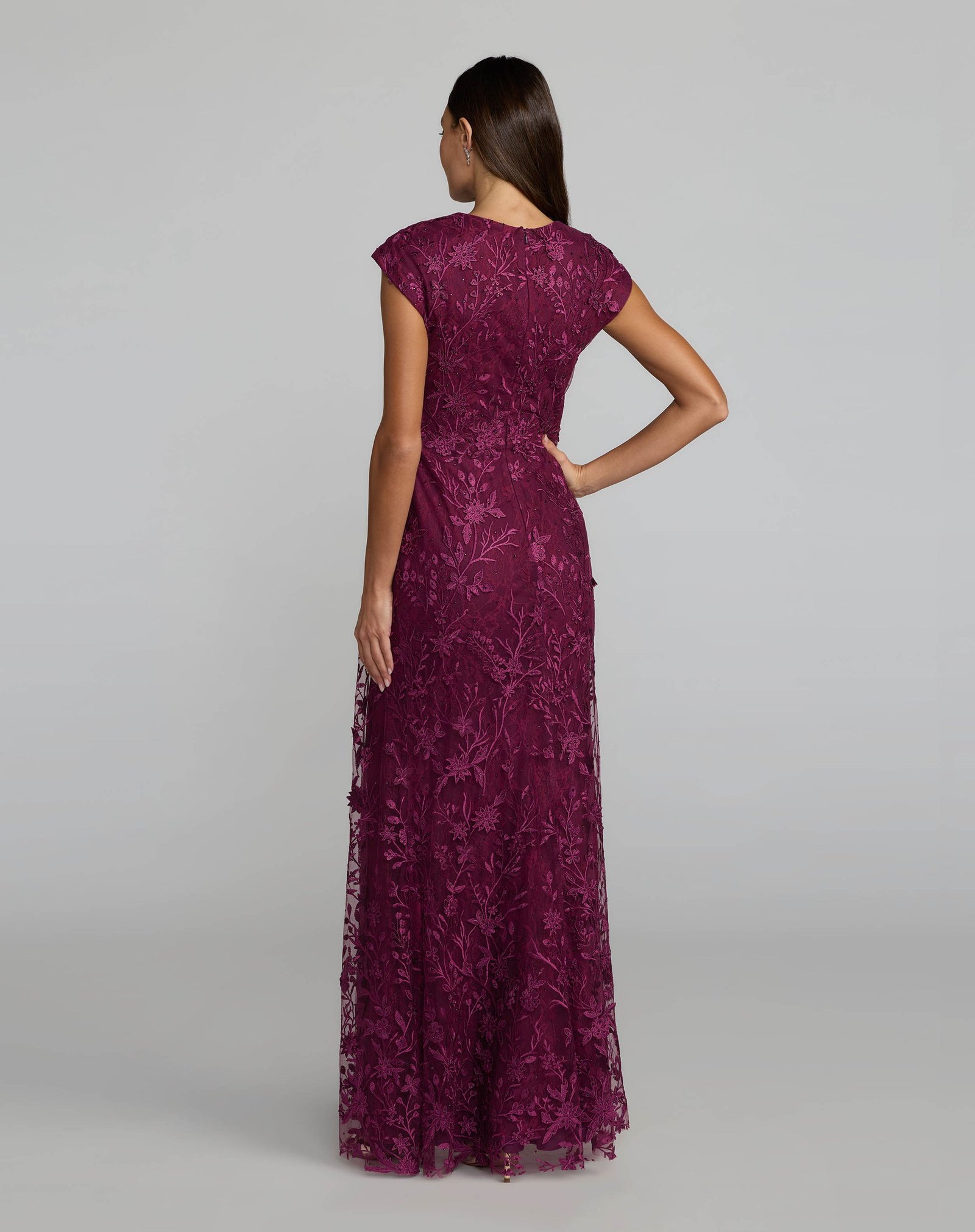 Purple Faux Wrap Embroidered Cap Sleeve Gown - Image 2