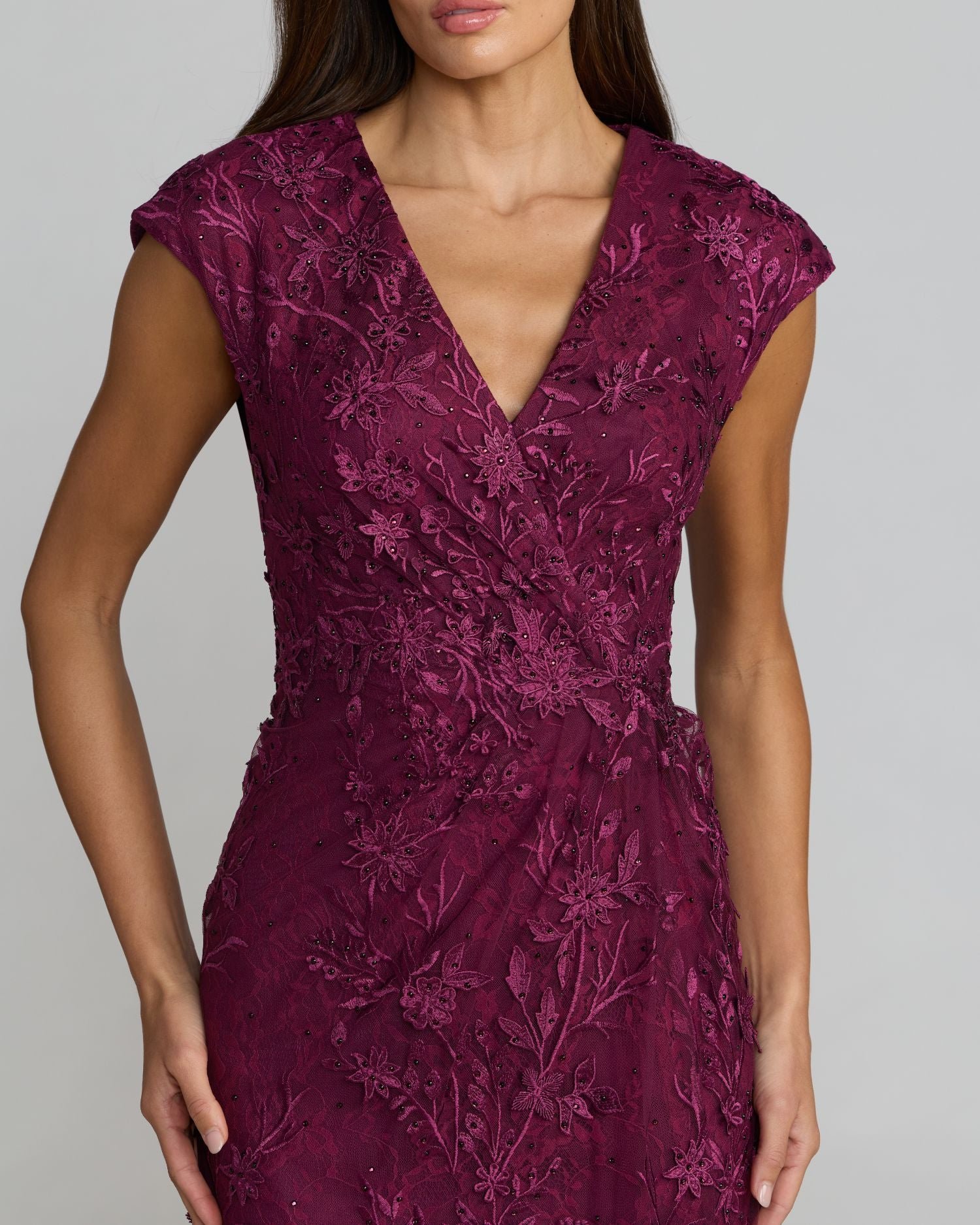 Purple Faux Wrap Embroidered Cap Sleeve Gown - Image 3