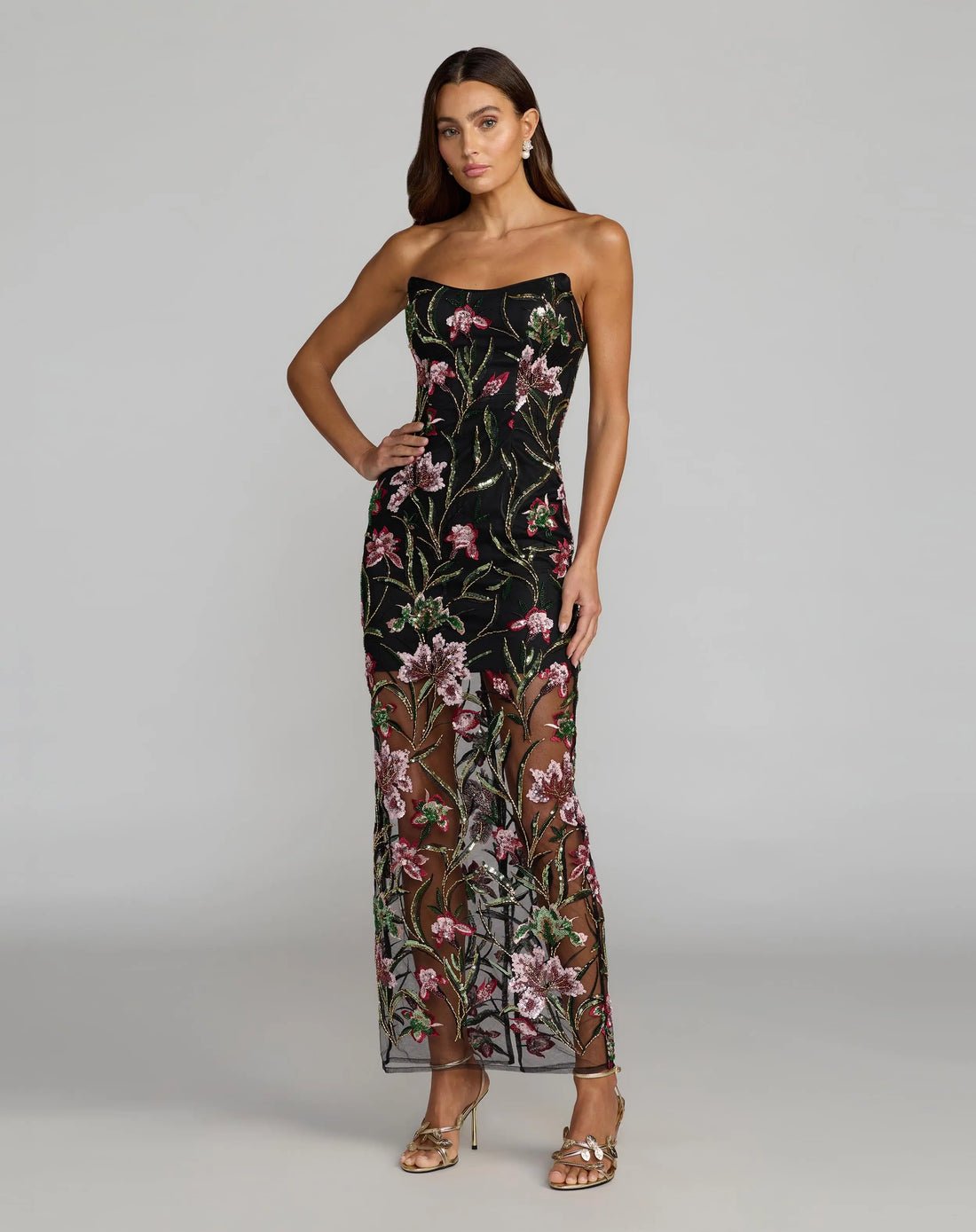 Black Strapless Floral Embroidered Column Dress