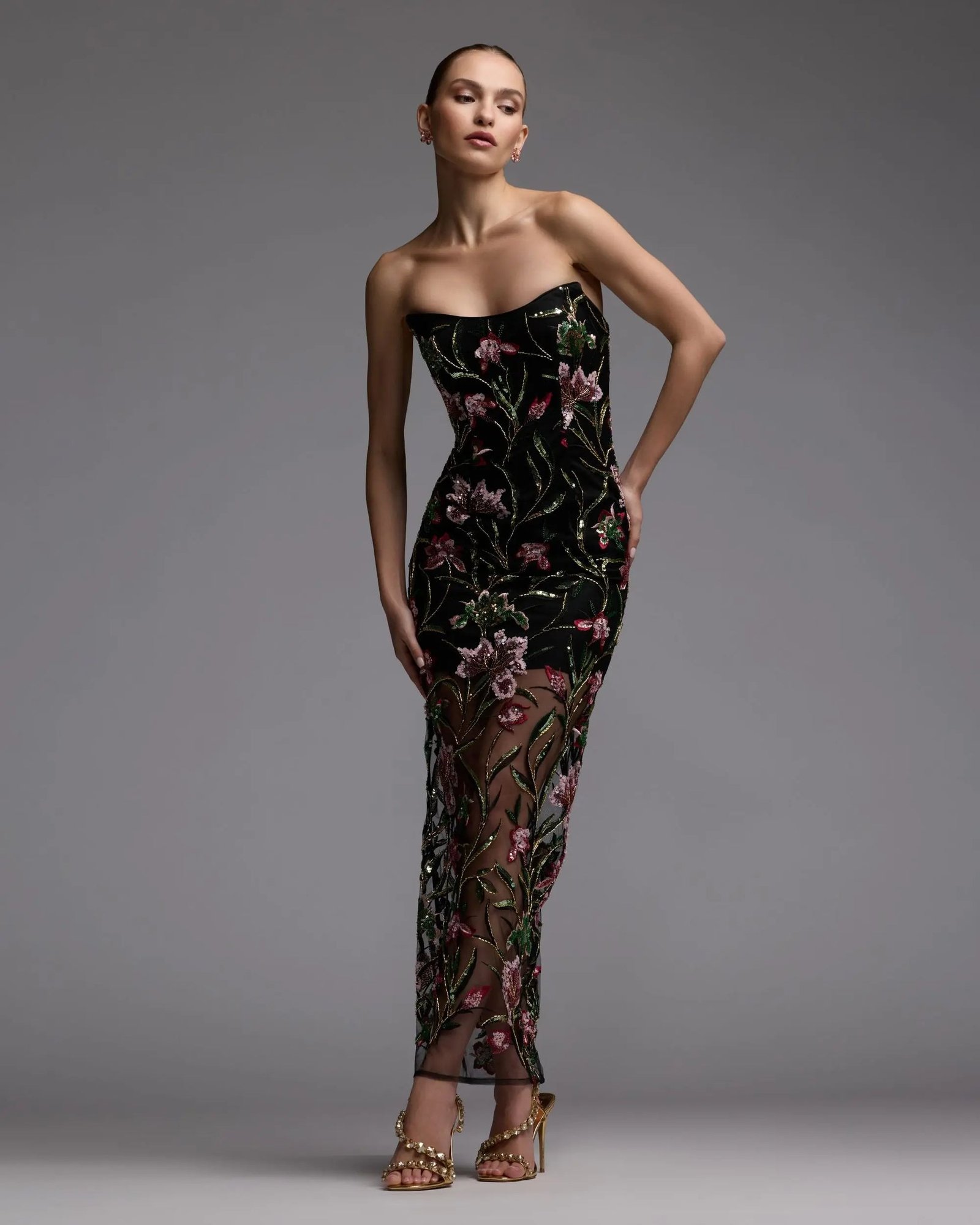Black Strapless Floral Embroidered Column Dress - Image 2