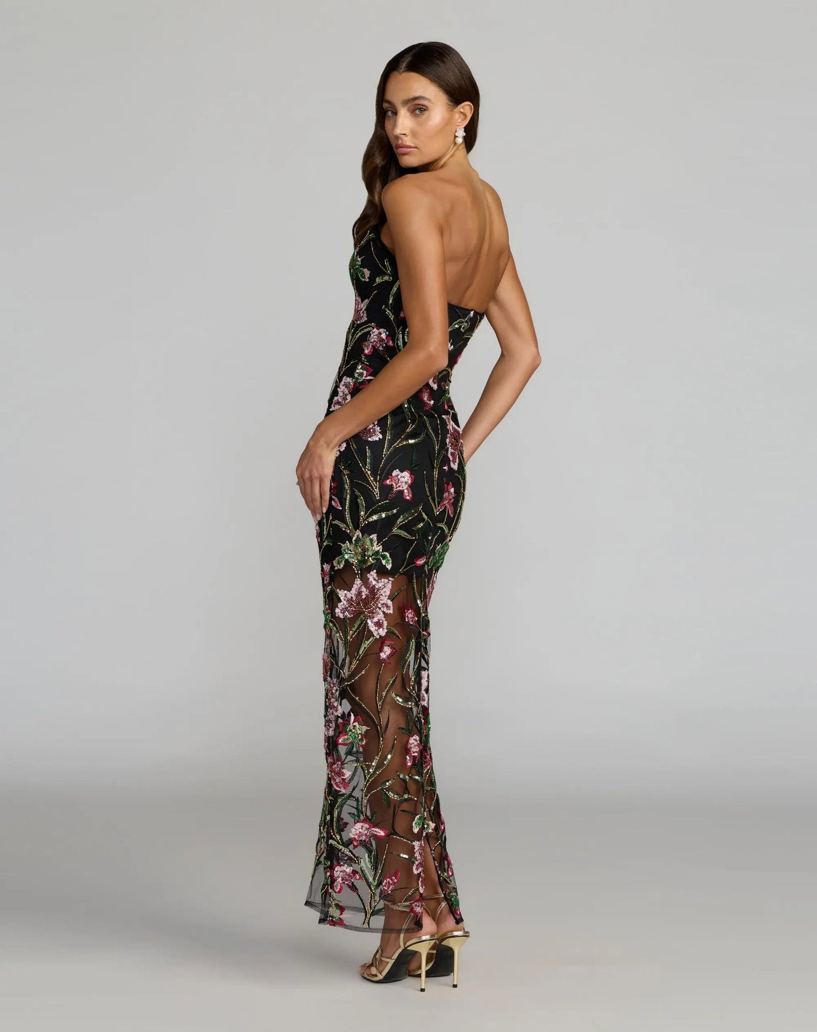 Black Strapless Floral Embroidered Column Dress - Image 4