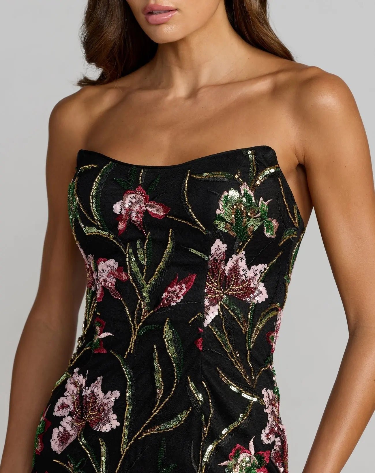 Black Strapless Floral Embroidered Column Dress - Image 5
