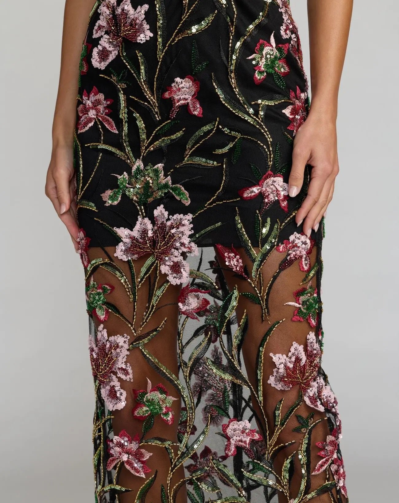 Black Strapless Floral Embroidered Column Dress - Image 6