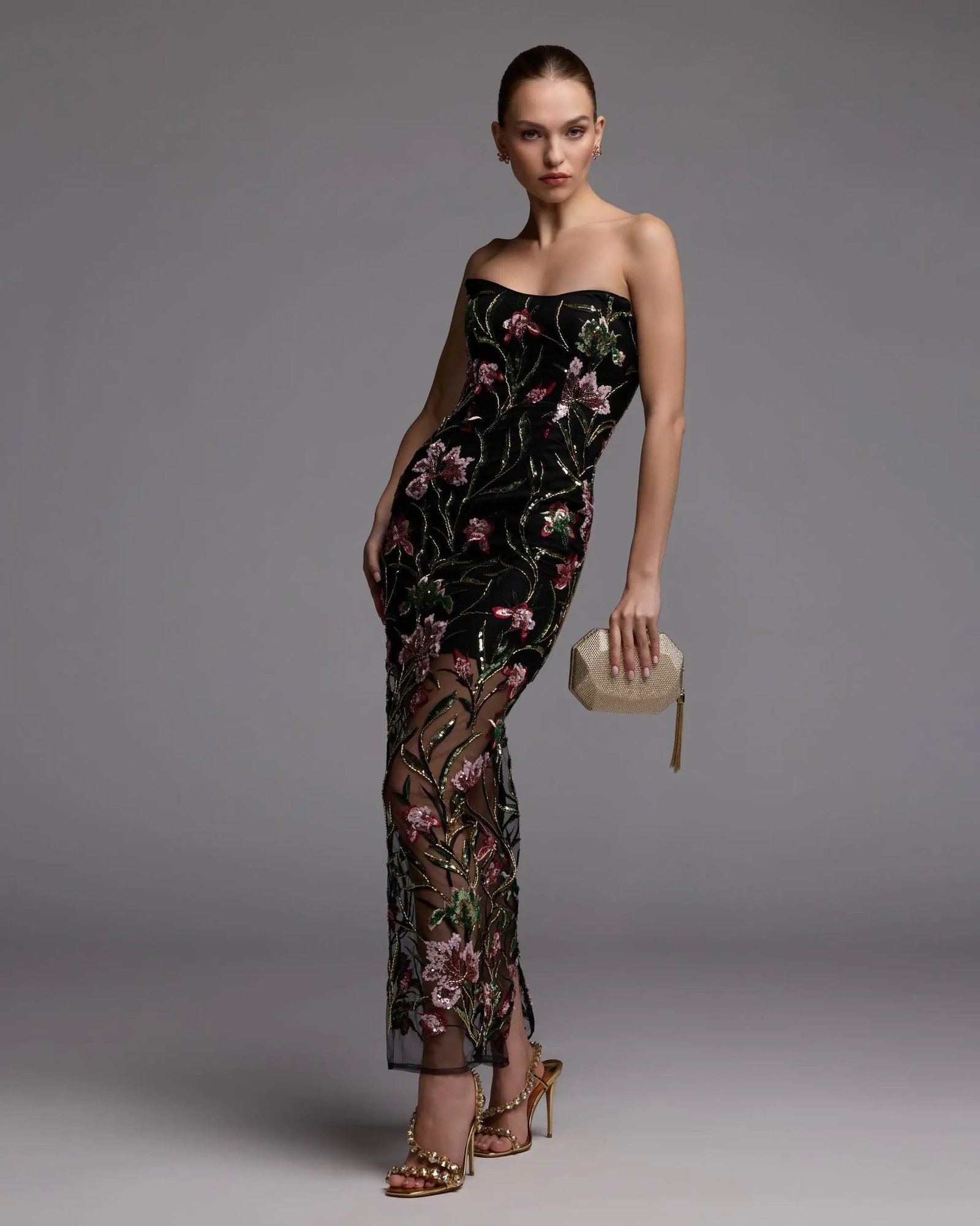 Black Strapless Floral Embroidered Column Dress - Image 7