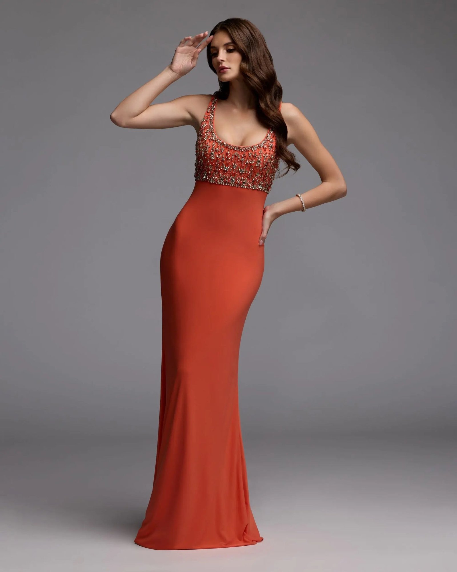 Orange Sleeveless Scoop Neck Embellished Jersey Gow