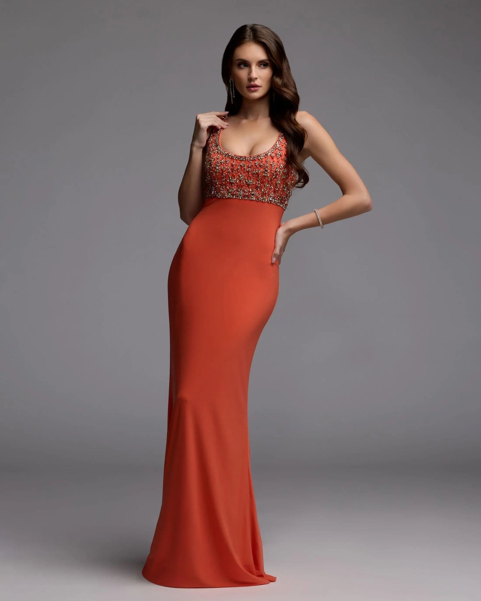 Orange Sleeveless Scoop Neck Embellished Jersey Gow - Image 2