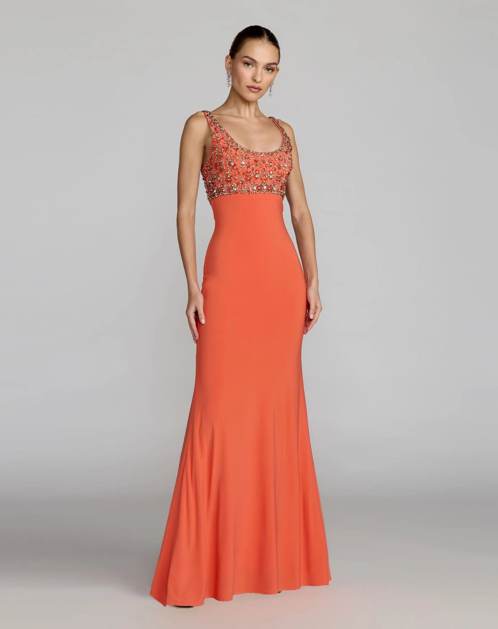 Orange Sleeveless Scoop Neck Embellished Jersey Gow - Image 4