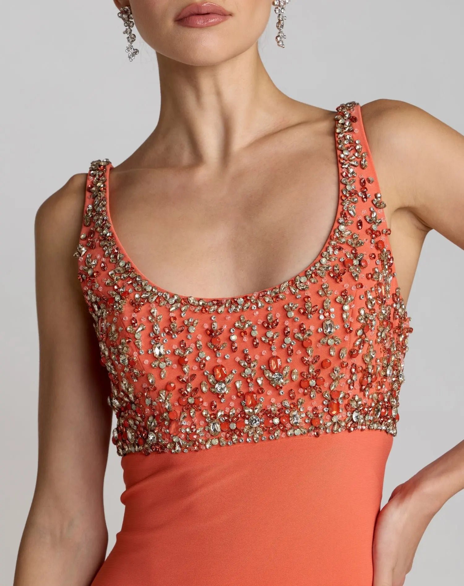 Orange Sleeveless Scoop Neck Embellished Jersey Gow - Image 8