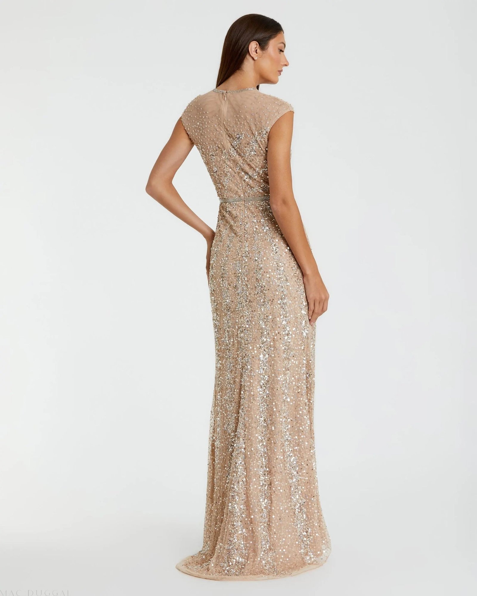 Beige Embellished Illusion High Neck Cap Sleeve Gown - Image 3