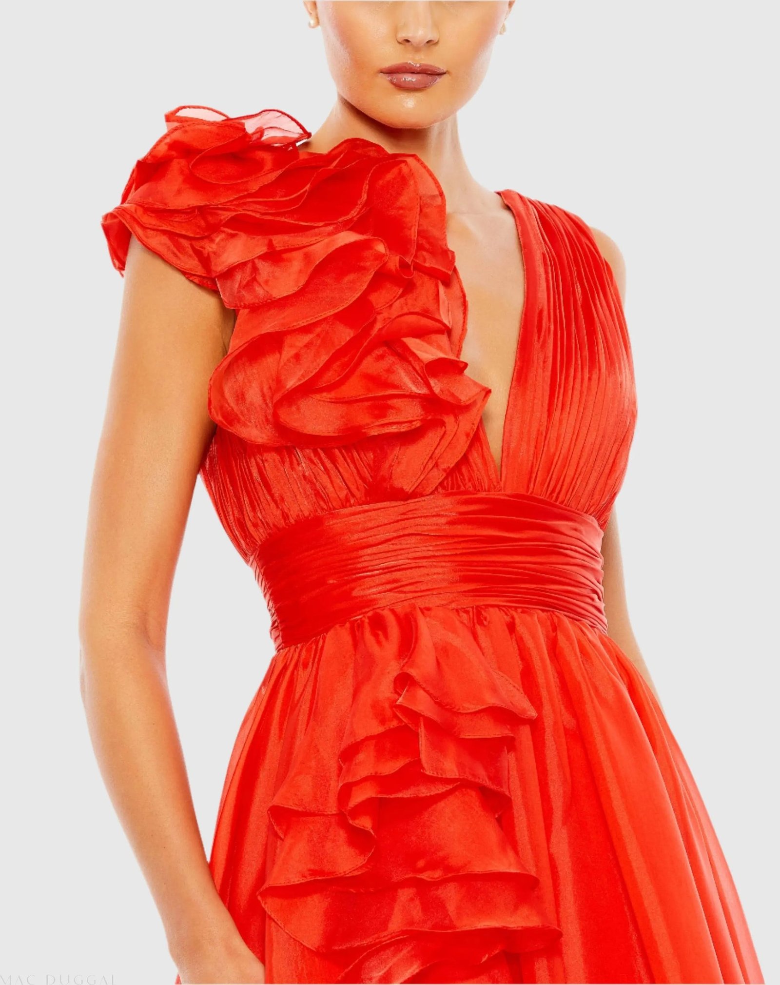 Red Ruffle Shoulder V-Neck Chiffon Gown - Image 2
