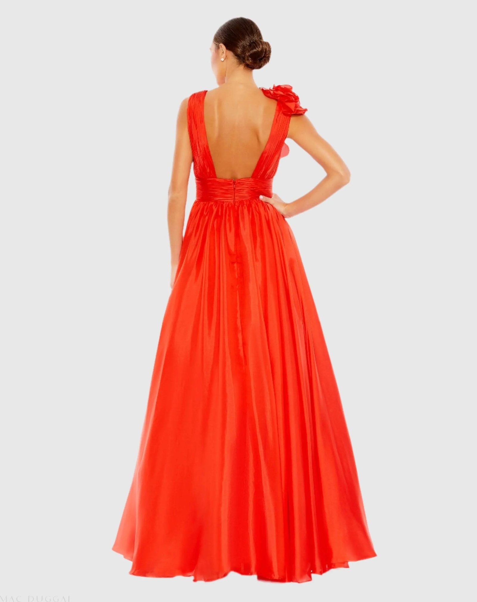 Red Ruffle Shoulder V-Neck Chiffon Gown - Image 3