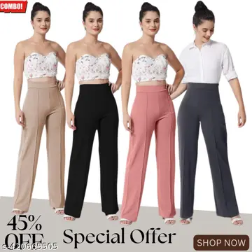 Women's Stylish High-Waist & High-Rise Bell-Bottom Pants With Bootcut Stretchy Flare Trouser Pants Combo of 4
