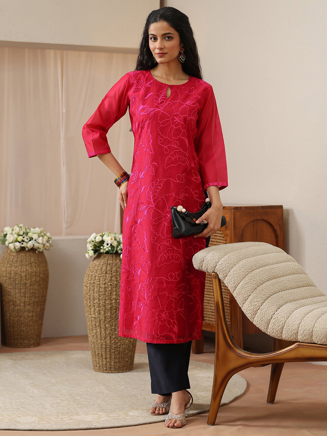 Libas Navy Blue Solid Silk Blend Trouser - Image 2