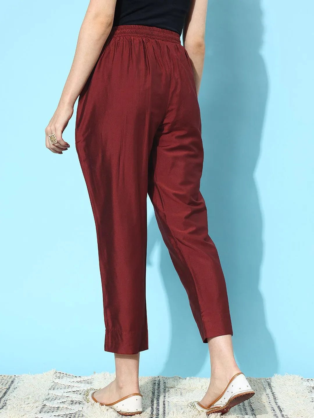 Libas Maroon Solid Silk Trousers - Image 3