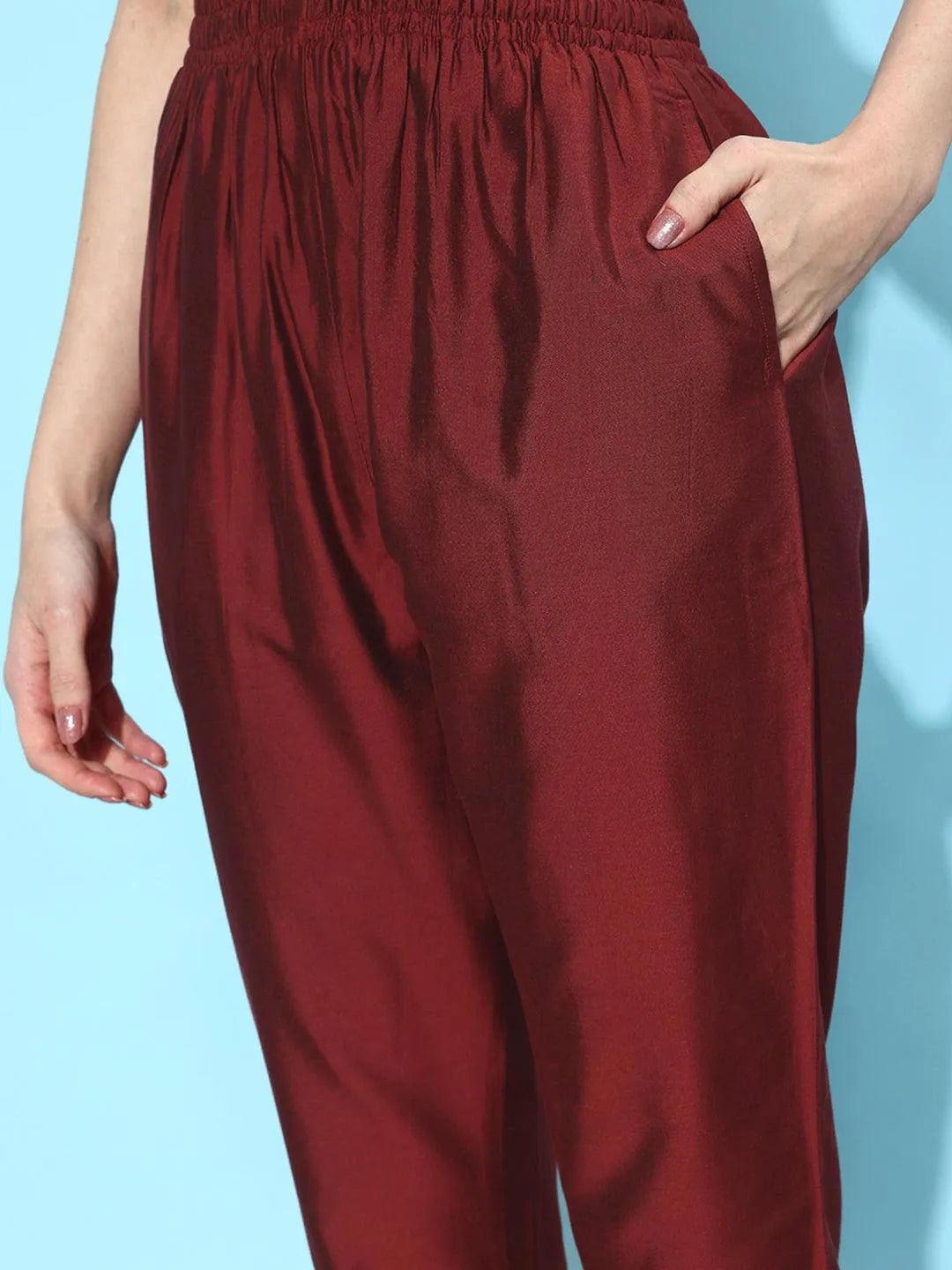 Libas Maroon Solid Silk Trousers - Image 4