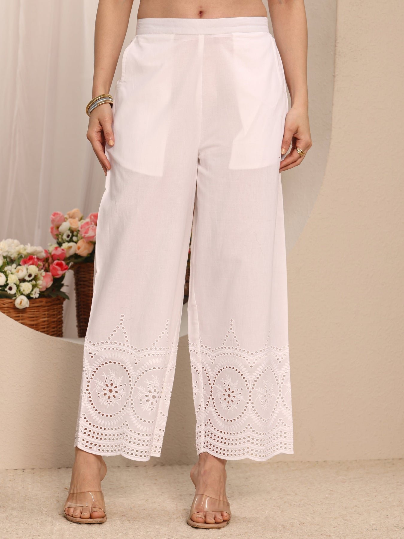 Libas White Solid Schiffli Design Cotton Palazzo