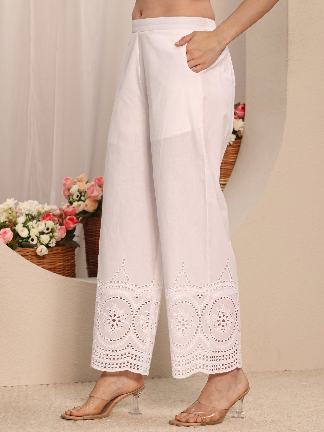 Libas White Solid Schiffli Design Cotton Palazzo - Image 3