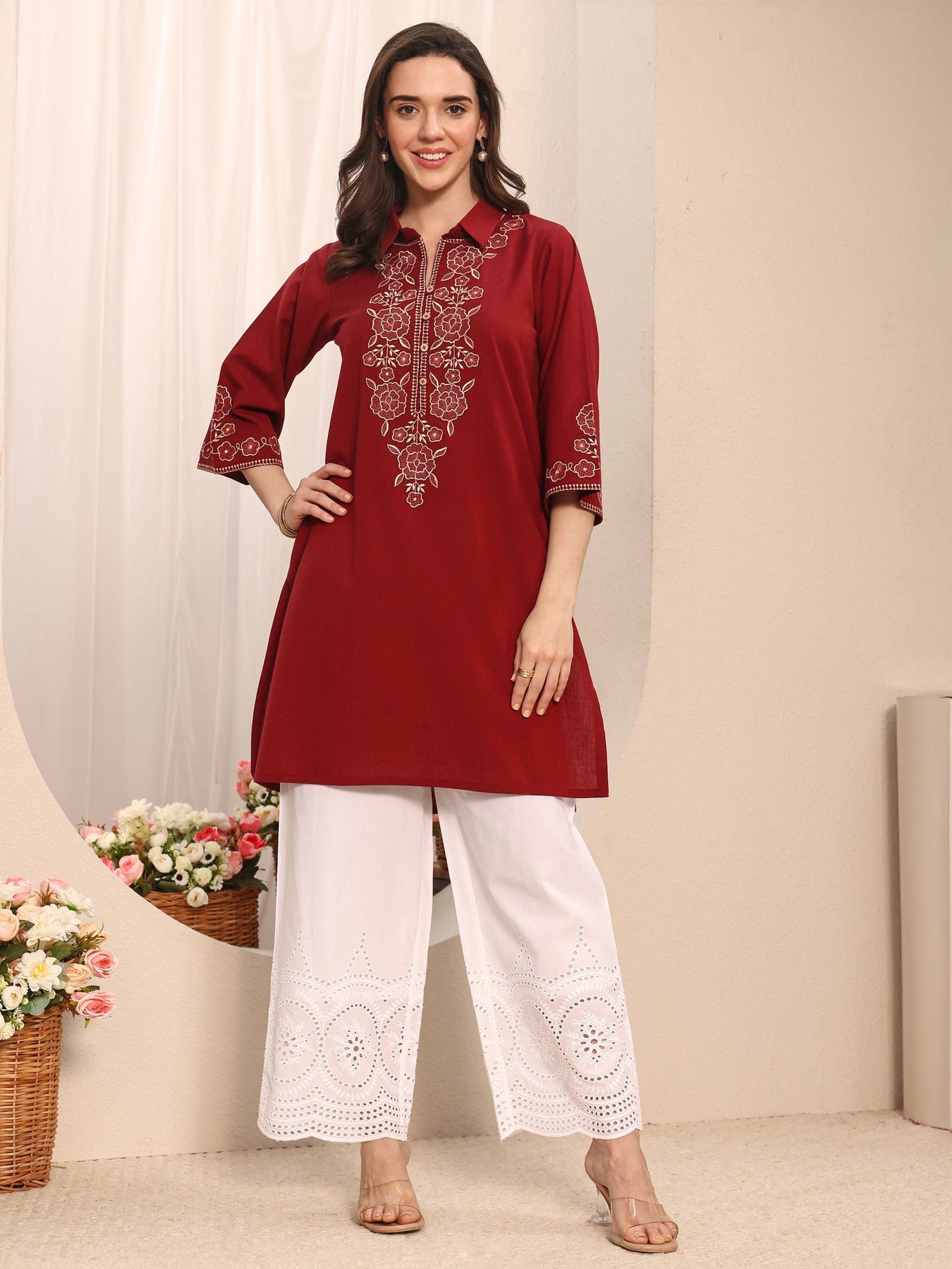 Libas White Solid Schiffli Design Cotton Palazzo - Image 5