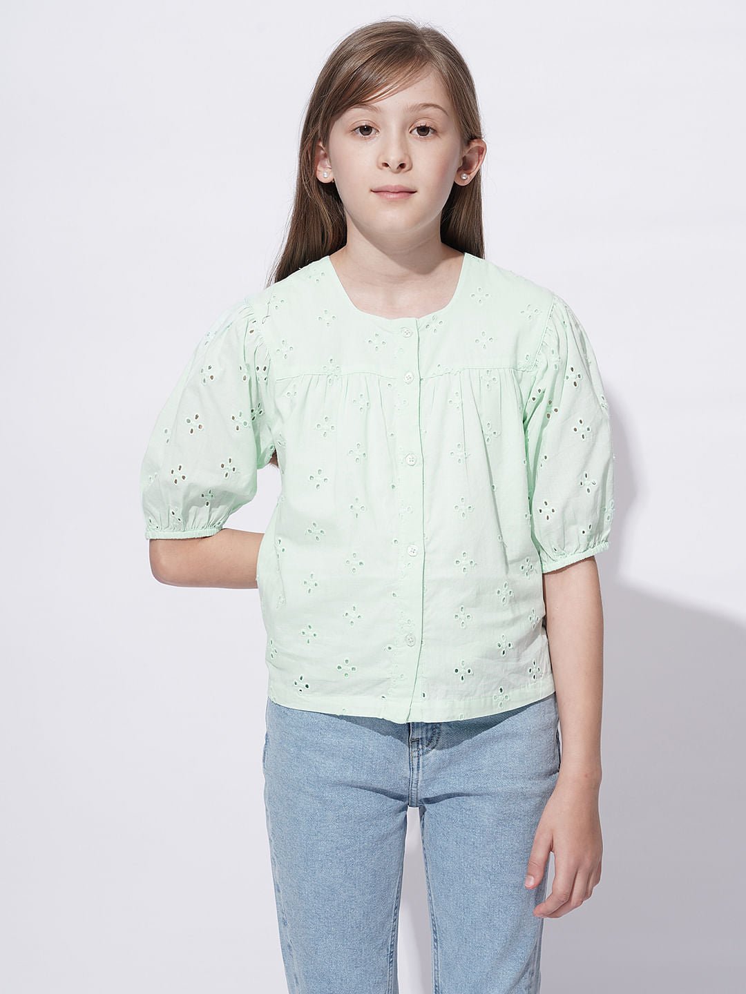 GIRLS MINT GREEN SCHIFFLI COTTON TOP - Image 2