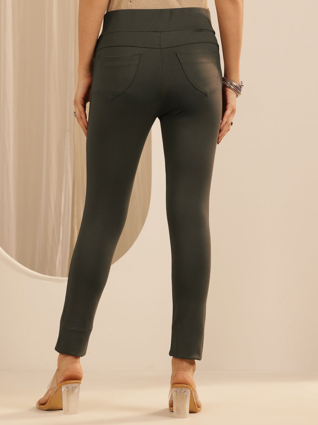 Gerua Olive Solid Rayon Blend Jegging - Image 2