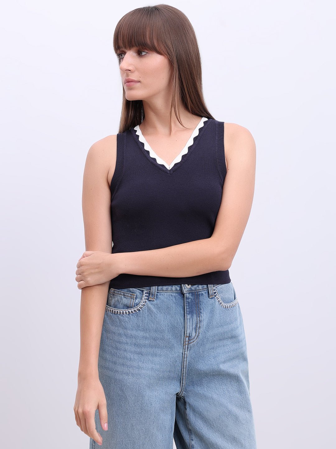 NAVY BLUE V-NECK TOP - Image 3