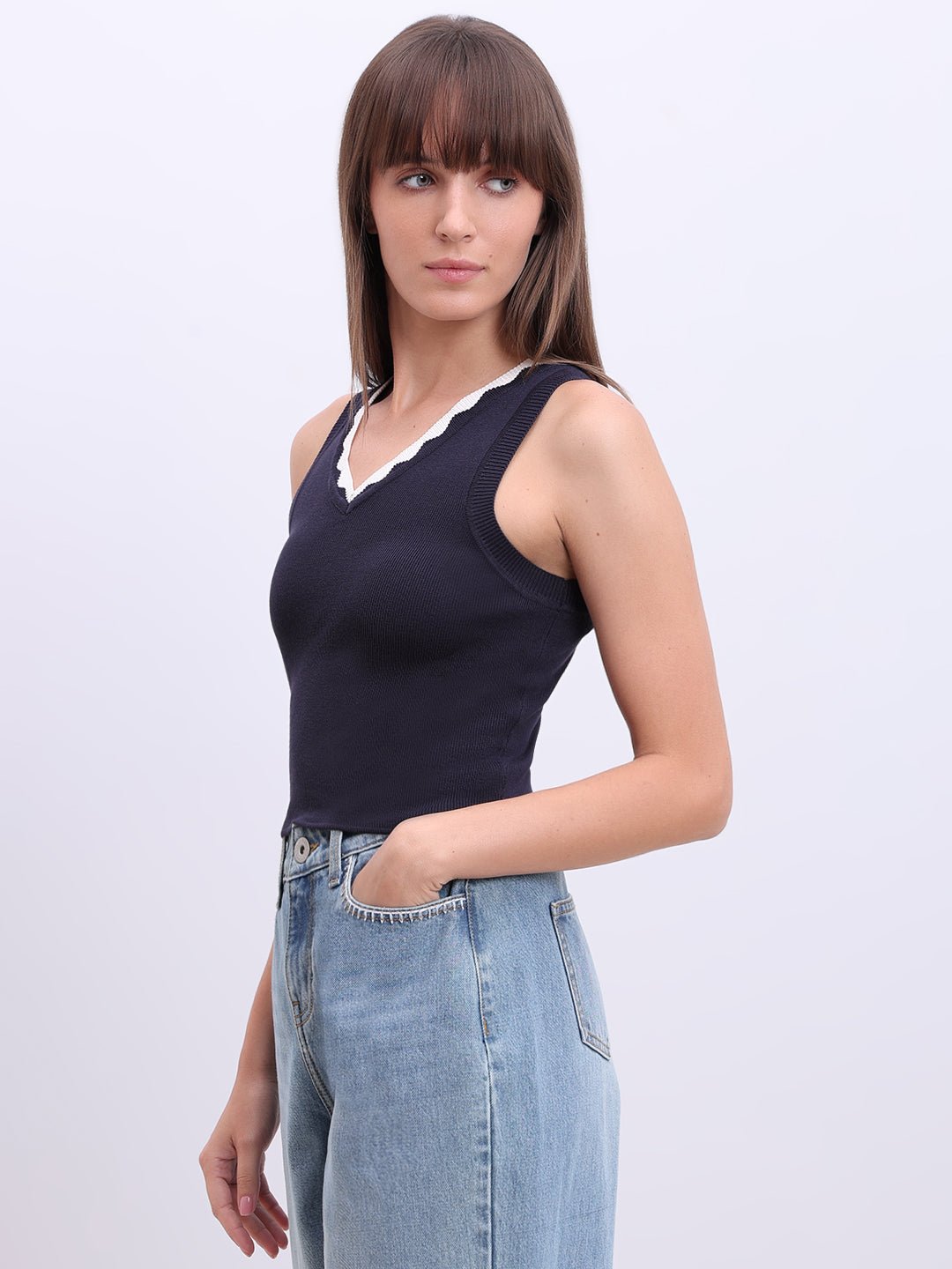 NAVY BLUE V-NECK TOP - Image 4