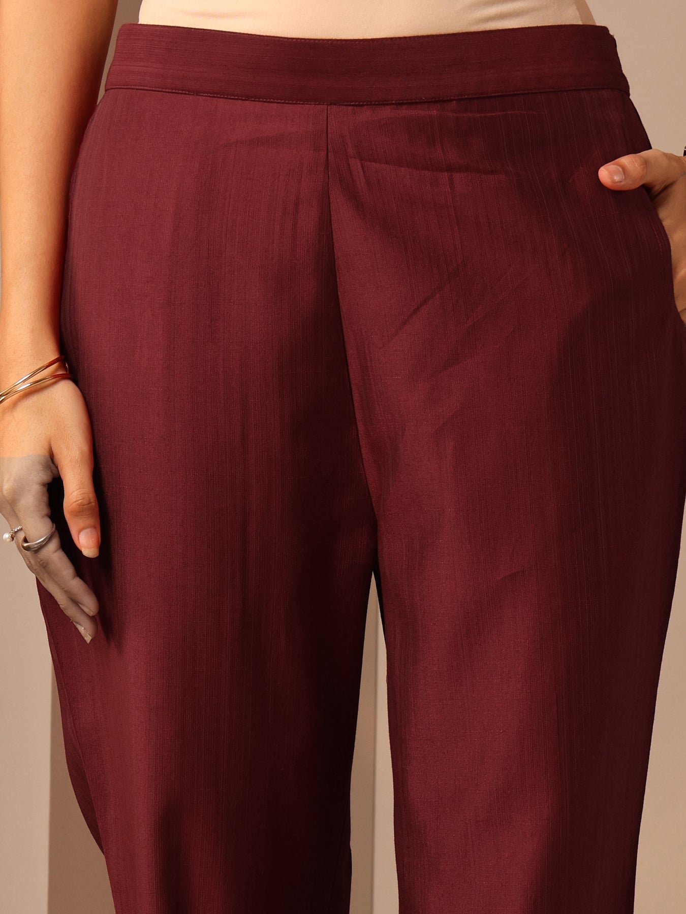 Gerua Maroon Solid Silk Blend Trouser - Image 3