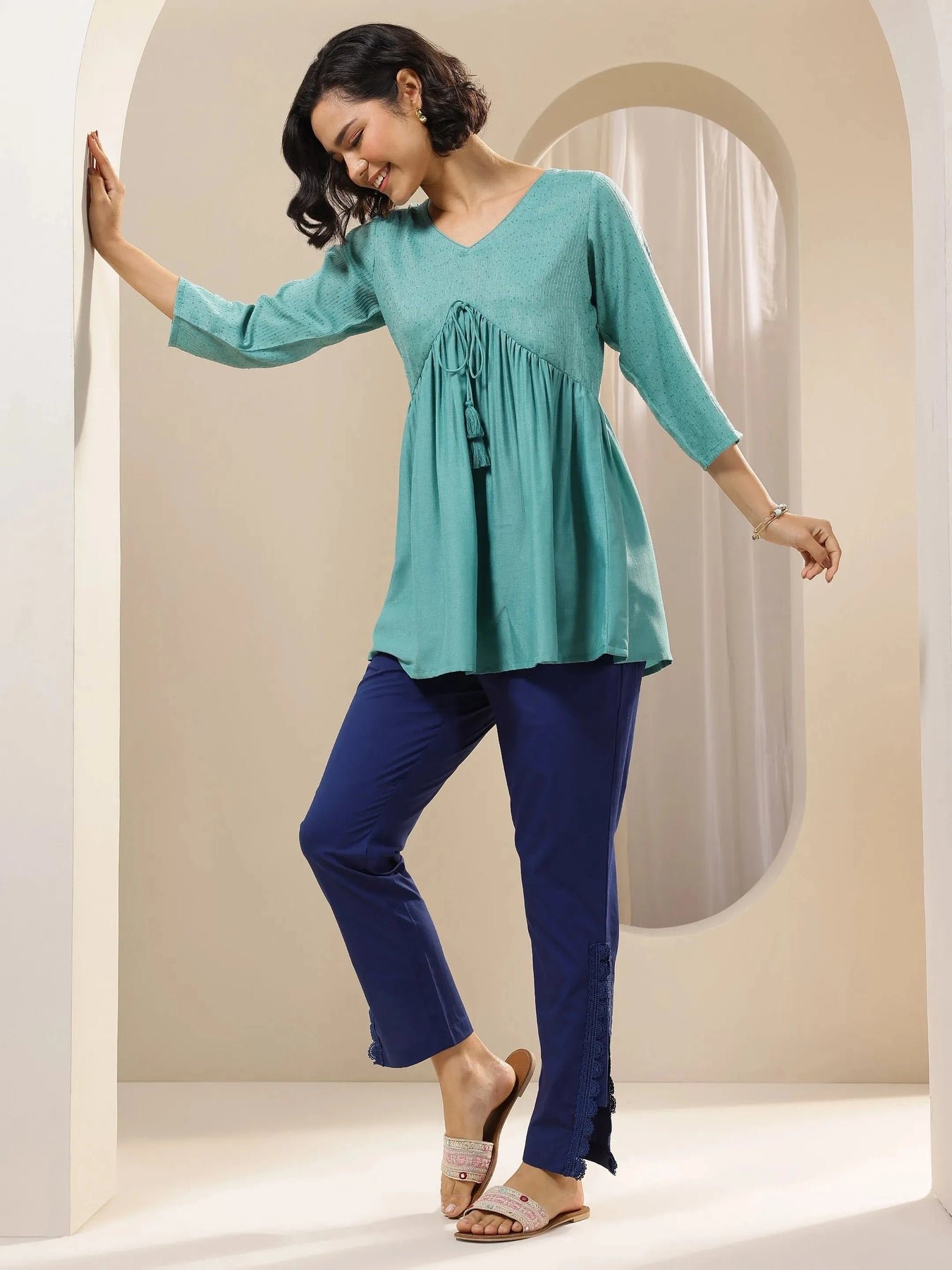 Gerua Blue Self Design Cotton Trousers - Image 6