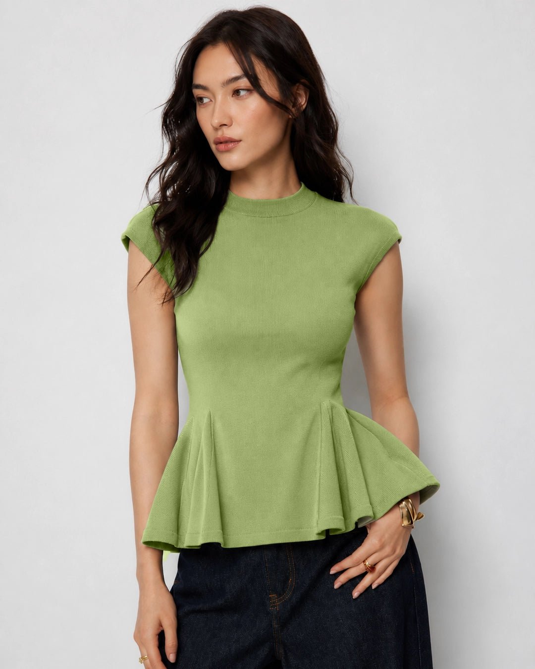 Round Neck Sleeveless Peplum Top in Herbal Green - Image 2