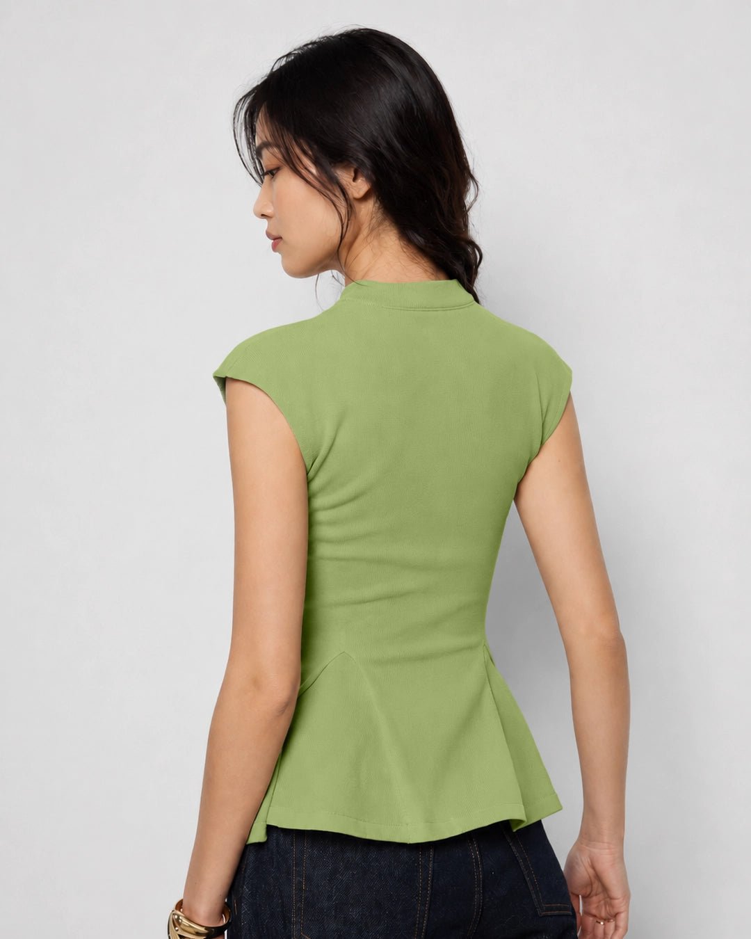 Round Neck Sleeveless Peplum Top in Herbal Green - Image 3